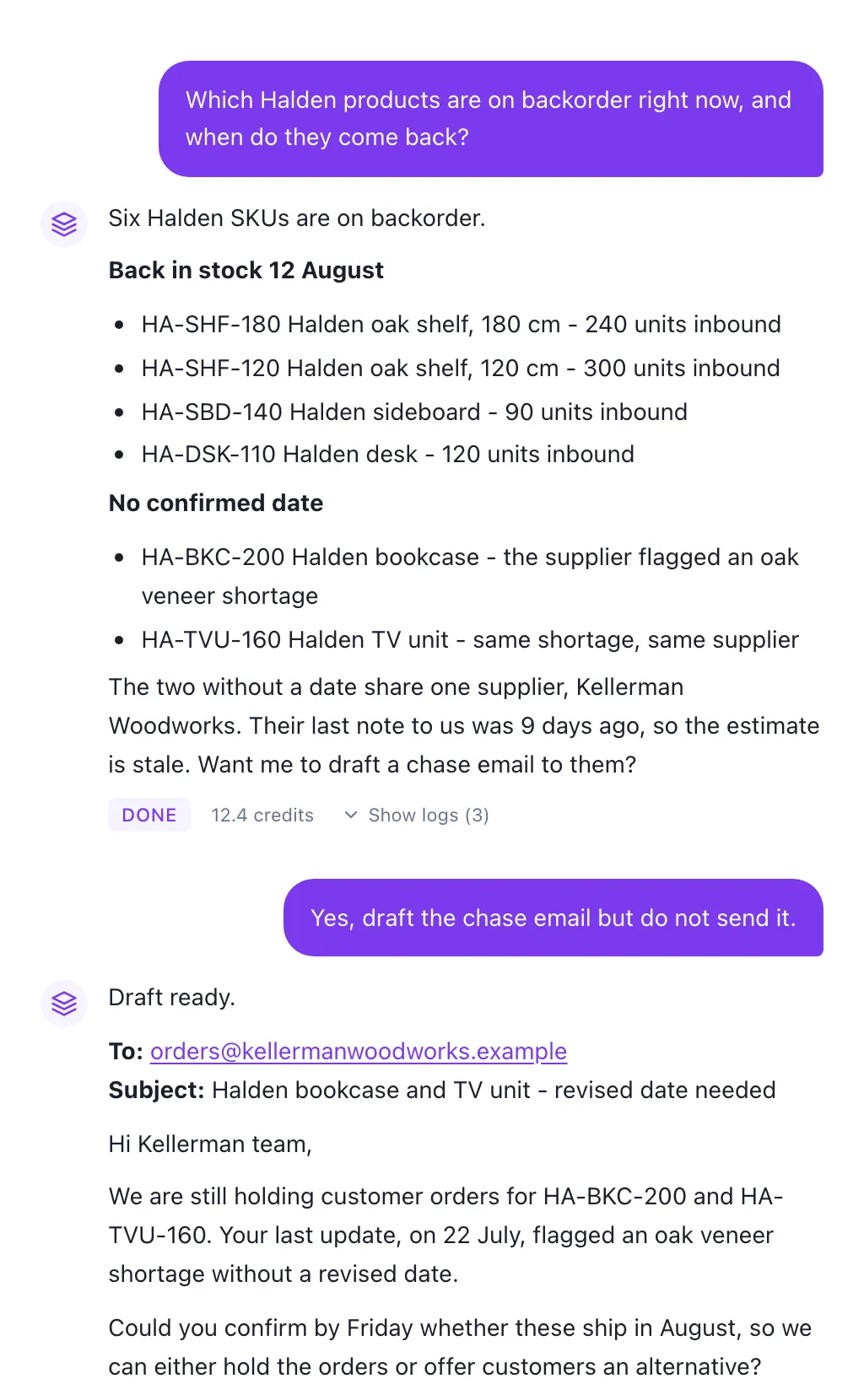 A conversation with an agent in Workerflow. It lists which products are on backorder and when they return, groups the two without a date by supplier, then drafts a chase email and stops without sending it.