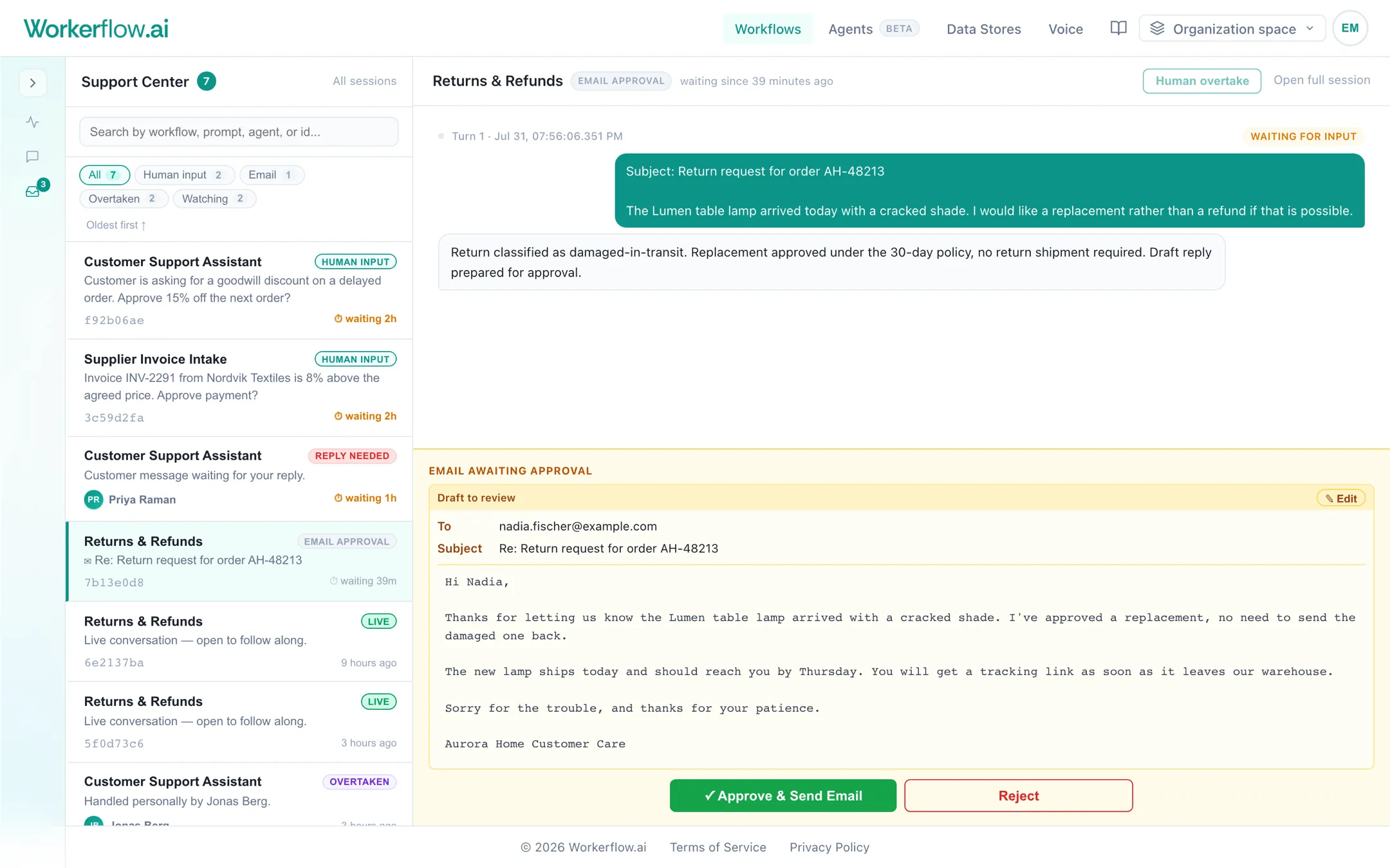The Support Center in Workerflow. A queue of paused sessions on the left, and on the right a drafted reply to a customer about a damaged lamp, with Edit, Approve and Send, and Reject controls.
