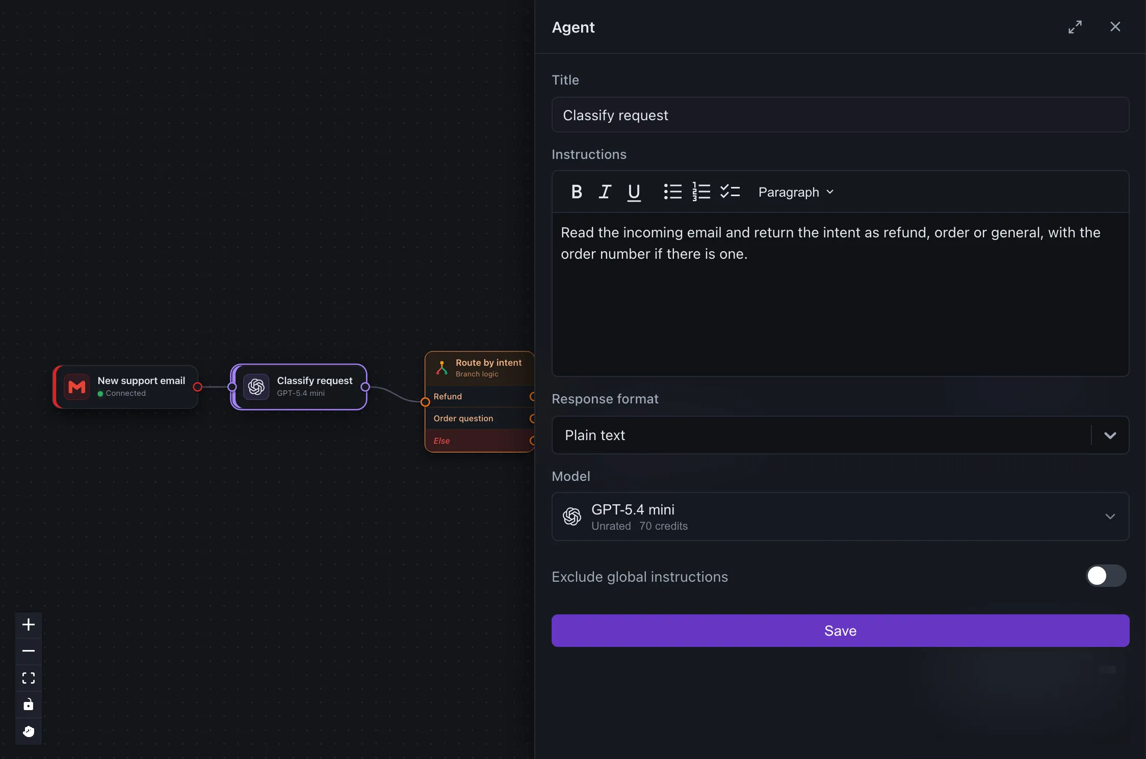 Редакторът на Workerflow със задействане по имейл, AI стъпка, която класифицира заявката, и разклонение по намерение, с отворени настройки на AI стъпката: инструкциите и модела.