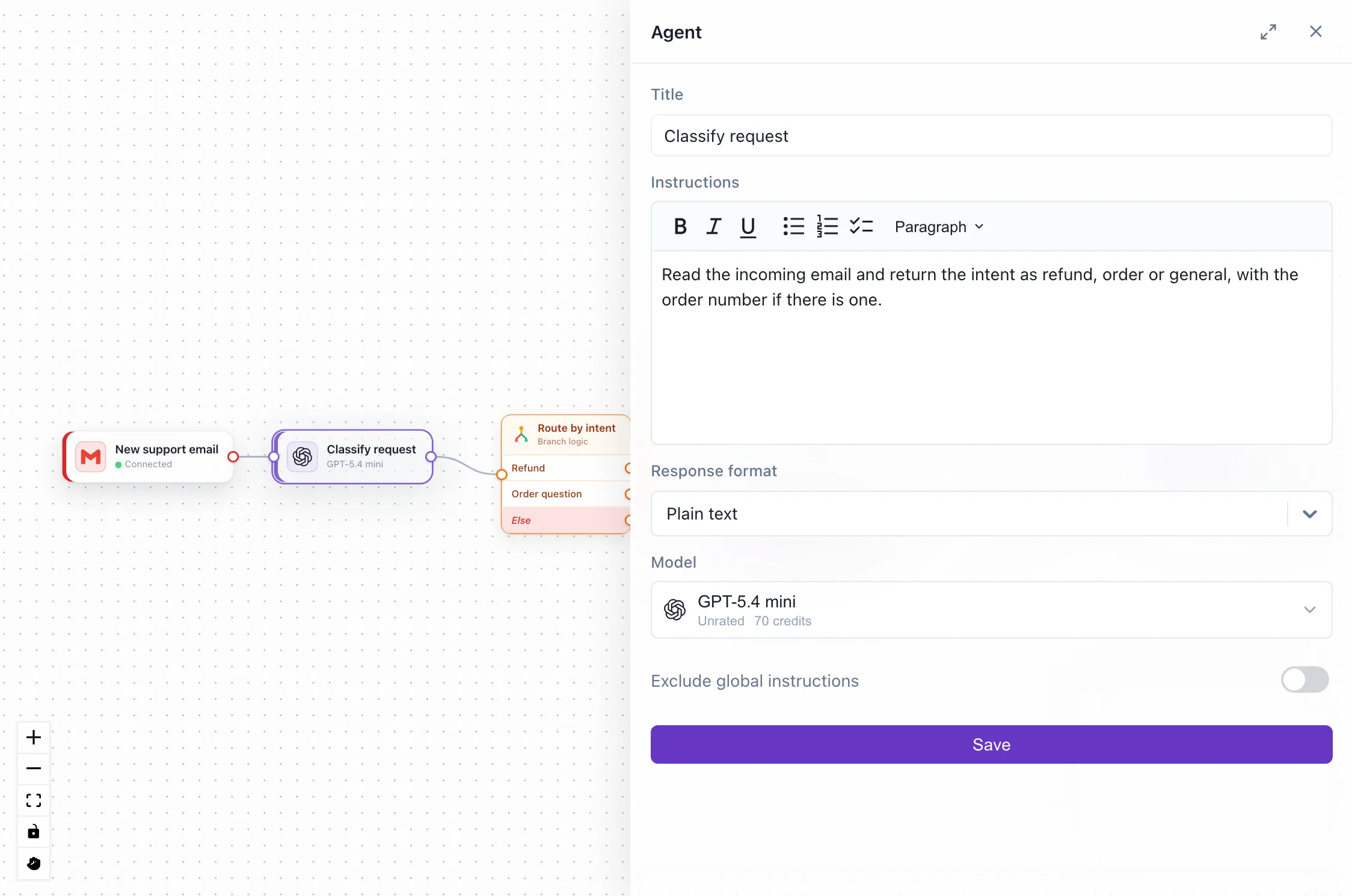 Редакторът на Workerflow със задействане по имейл, AI стъпка, която класифицира заявката, и разклонение по намерение, с отворени настройки на AI стъпката: инструкциите и модела.