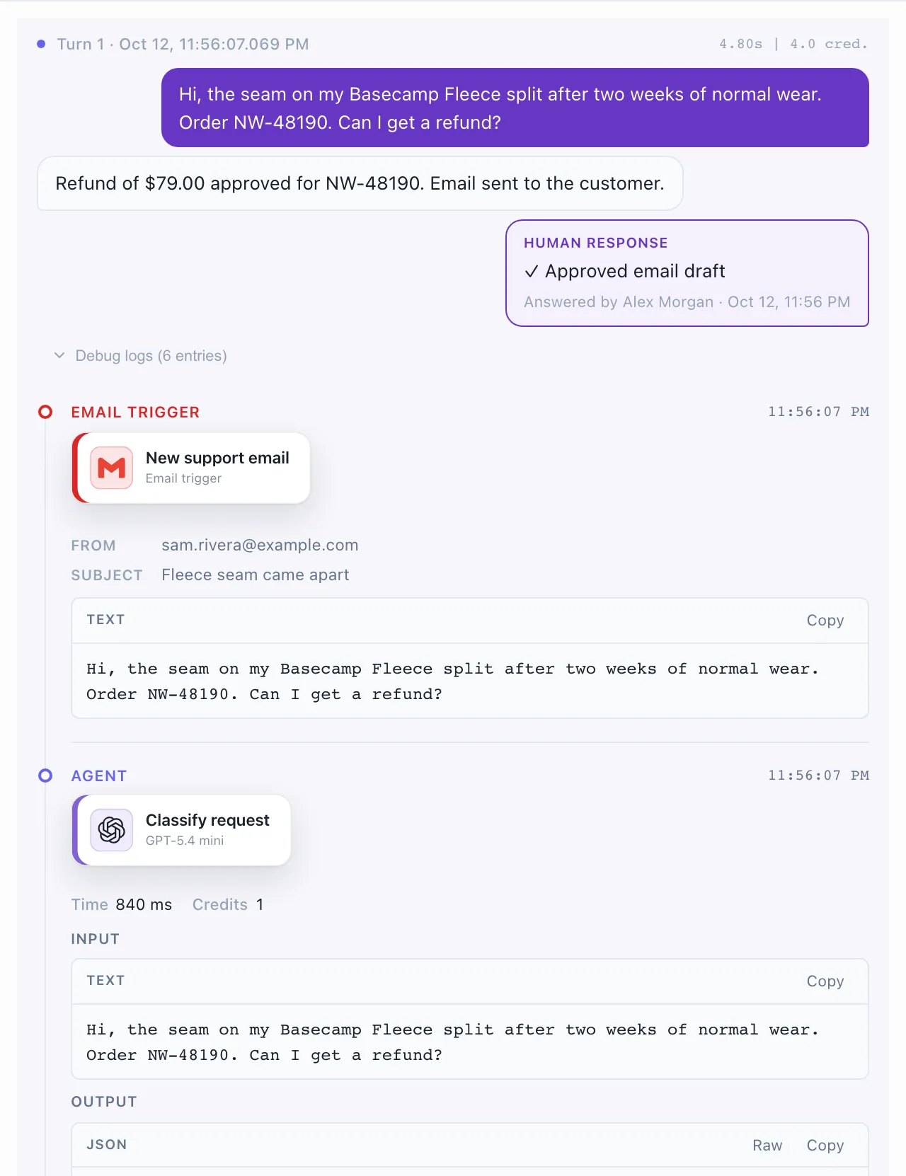 Журналът стъпка по стъпка на едно изпълнение: имейлът на клиента, класификацията и нейния JSON резултат, избраното разклонение и одобреният отговор.