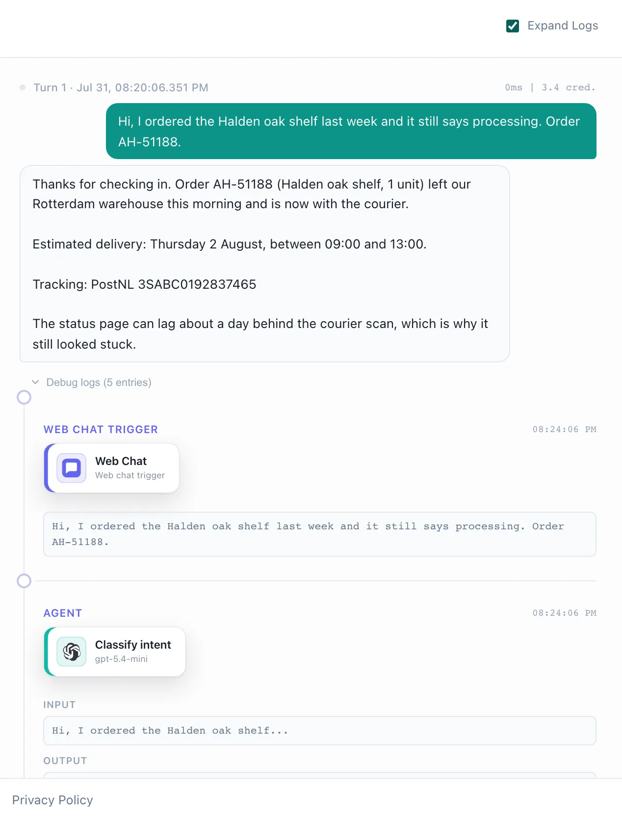 The log of a single workflow run in Workerflow: the customer message, the reply, and beneath it the trigger and the classification step with the exact input and output of each.