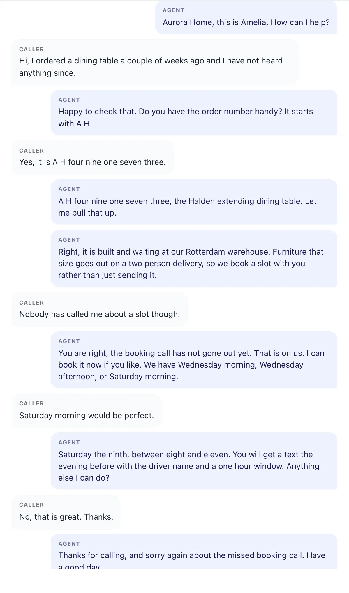 The transcript of a phone call handled by a Workerflow voice agent: the caller asks about a dining table order, the agent reads the order number back, explains the two person delivery and books a Saturday morning slot.